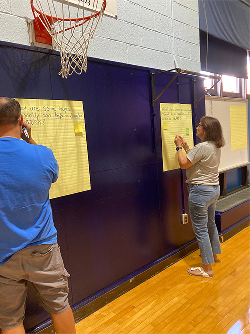 Two teachers marking on posters in the gym