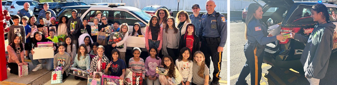 Students and community leaders hosting toy drive next to officer with student